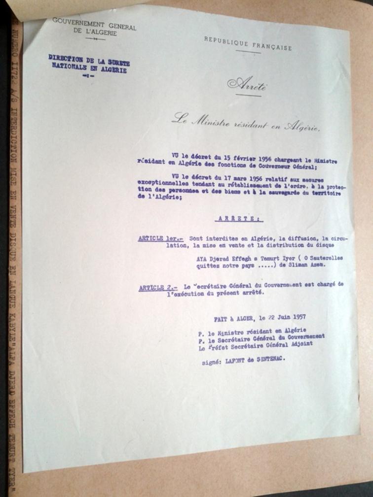 Description : Description : Slimane Azem censur par la France en 1957