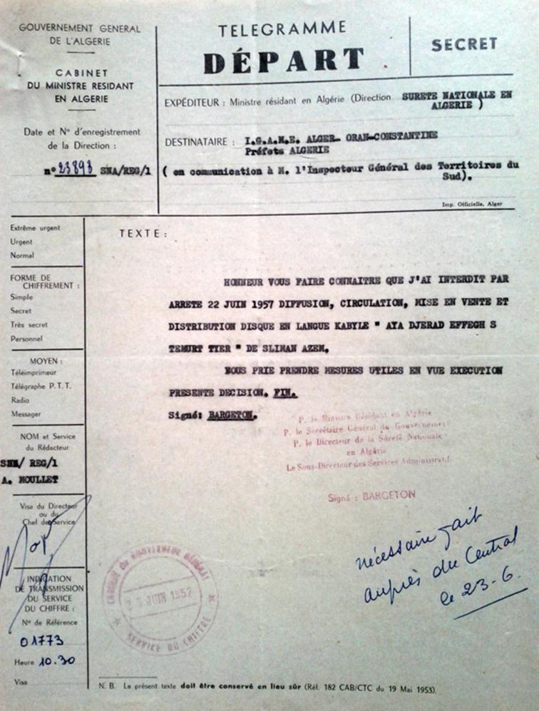 Description : Description : Slimane Azem censur par la France en 1957