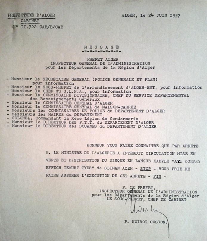 Description&nbsp;: Description&nbsp;: Slimane Azem censur� par la France en 1957