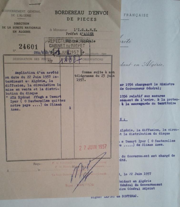 Description&nbsp;: Description&nbsp;: Slimane Azem censur� par la France en 1957